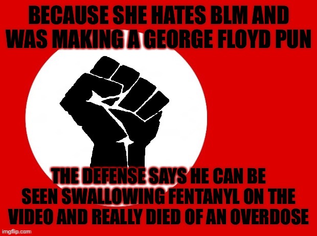 Black lives matter | BECAUSE SHE HATES BLM AND WAS MAKING A GEORGE FLOYD PUN THE DEFENSE SAYS HE CAN BE SEEN SWALLOWING FENTANYL ON THE VIDEO AND REALLY DIED OF  | image tagged in black lives matter | made w/ Imgflip meme maker