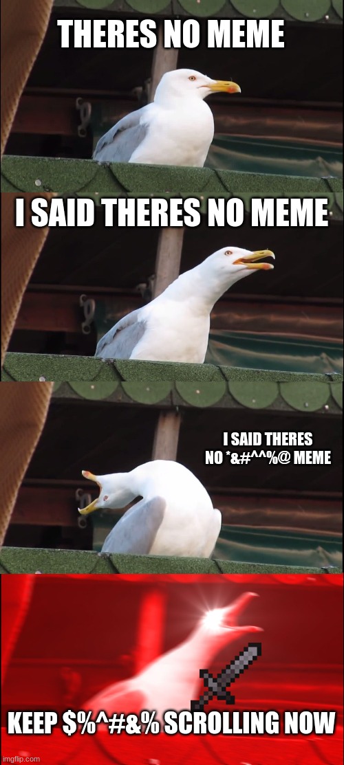 KEEP SCROLLING | THERES NO MEME; I SAID THERES NO MEME; I SAID THERES NO *&#^^%@ MEME; KEEP $%^#&% SCROLLING NOW | image tagged in memes,inhaling seagull | made w/ Imgflip meme maker
