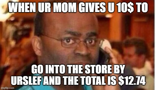 WHEN UR MOM GIVES U 10$ TO; GO INTO THE STORE BY URSLEF AND THE TOTAL IS $12.74 | image tagged in funny memes | made w/ Imgflip meme maker