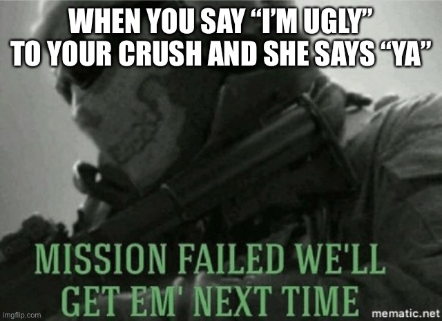 Mission failed |  WHEN YOU SAY “I’M UGLY” TO YOUR CRUSH AND SHE SAYS “YA” | image tagged in mission failed | made w/ Imgflip meme maker