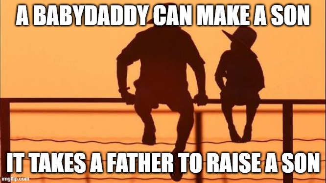 Cowboy father and son | A BABYDADDY CAN MAKE A SON; IT TAKES A FATHER TO RAISE A SON | image tagged in cowboy father and son | made w/ Imgflip meme maker