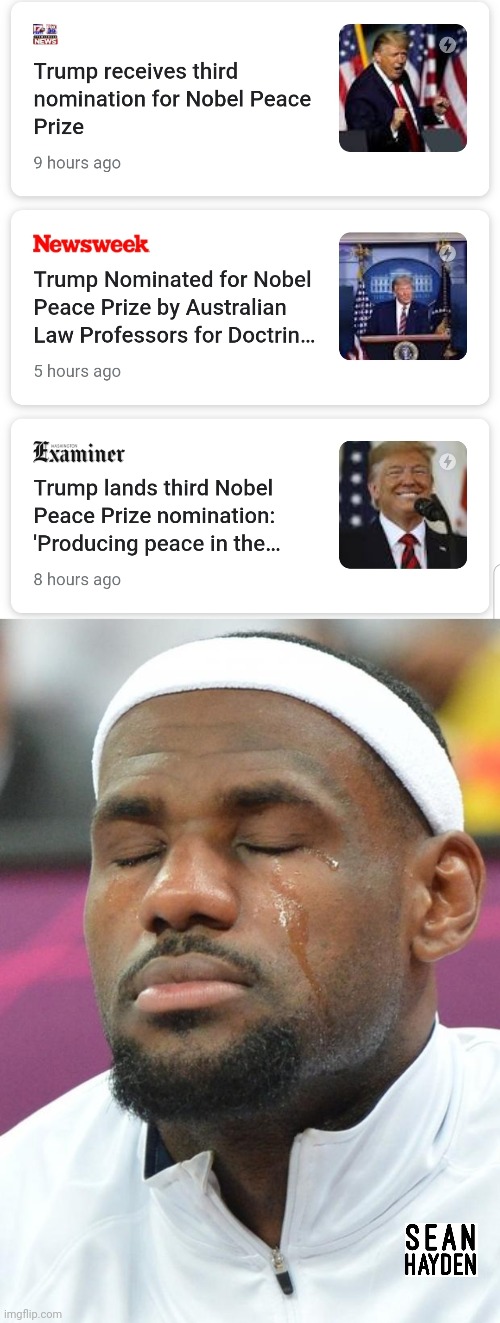 Trump Nobel prize | image tagged in lebron james crying | made w/ Imgflip meme maker