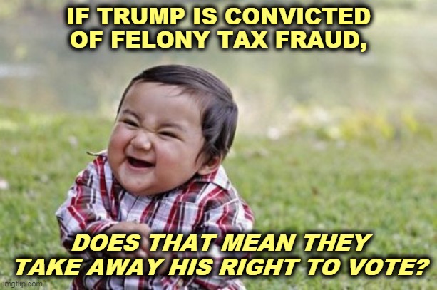 This I gotta see. | IF TRUMP IS CONVICTED OF FELONY TAX FRAUD, DOES THAT MEAN THEY TAKE AWAY HIS RIGHT TO VOTE? | image tagged in memes,evil toddler,trump,tax,fraud | made w/ Imgflip meme maker