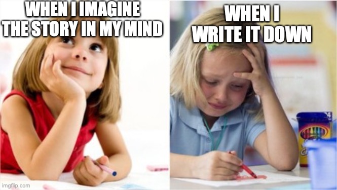 Writing | WHEN I IMAGINE THE STORY IN MY MIND; WHEN I WRITE IT DOWN | image tagged in dreaming crying writing girl | made w/ Imgflip meme maker