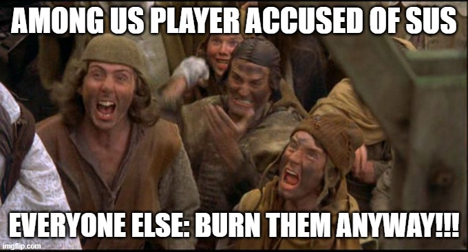 What Happens When you Get Accused In Among Us | AMONG US PLAYER ACCUSED OF SUS; EVERYONE ELSE: BURN THEM ANYWAY!!! | image tagged in burn her anyway | made w/ Imgflip meme maker