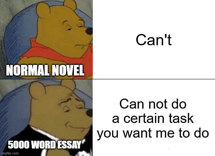 Tuxedo Winnie The Pooh | Can't; NORMAL NOVEL; Can not do a certain task you want me to do; 5000 WORD ESSAY | image tagged in memes,tuxedo winnie the pooh | made w/ Imgflip meme maker