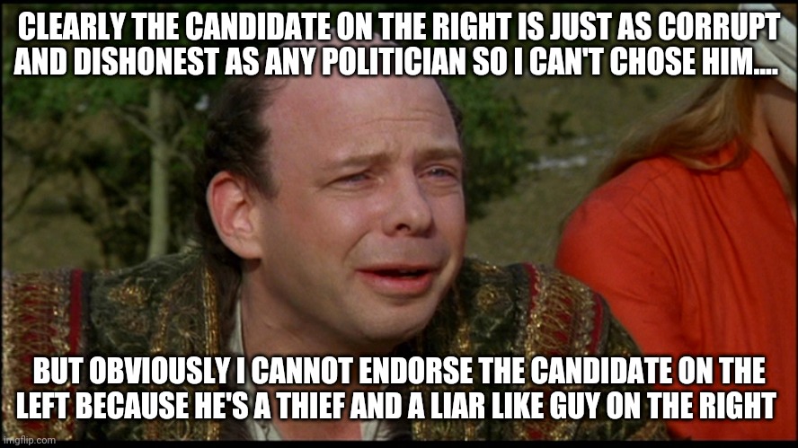 The downfall of being a libertarian | CLEARLY THE CANDIDATE ON THE RIGHT IS JUST AS CORRUPT AND DISHONEST AS ANY POLITICIAN SO I CAN'T CHOSE HIM.... BUT OBVIOUSLY I CANNOT ENDORSE THE CANDIDATE ON THE LEFT BECAUSE HE'S A THIEF AND A LIAR LIKE GUY ON THE RIGHT | image tagged in princess bride morons,trump 2020,biden 2020,libertarian,america first | made w/ Imgflip meme maker