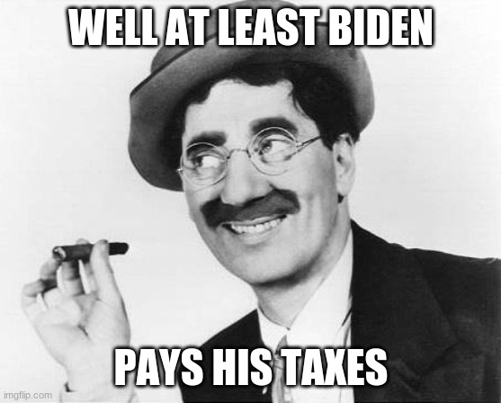 Groucho Marx | WELL AT LEAST BIDEN PAYS HIS TAXES | image tagged in groucho marx | made w/ Imgflip meme maker