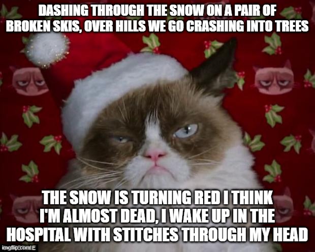 Grumpy Cat Christmas | DASHING THROUGH THE SNOW ON A PAIR OF BROKEN SKIS, OVER HILLS WE GO CRASHING INTO TREES; THE SNOW IS TURNING RED I THINK I'M ALMOST DEAD, I WAKE UP IN THE HOSPITAL WITH STITCHES THROUGH MY HEAD | image tagged in grumpy cat christmas,memes,christmas,cats,jingle bells,repost | made w/ Imgflip meme maker