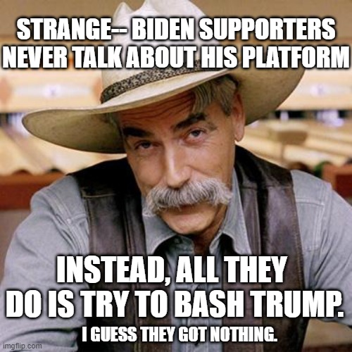 they got nothing.... | STRANGE-- BIDEN SUPPORTERS NEVER TALK ABOUT HIS PLATFORM; INSTEAD, ALL THEY  DO IS TRY TO BASH TRUMP. I GUESS THEY GOT NOTHING. | image tagged in sarcasm cowboy | made w/ Imgflip meme maker