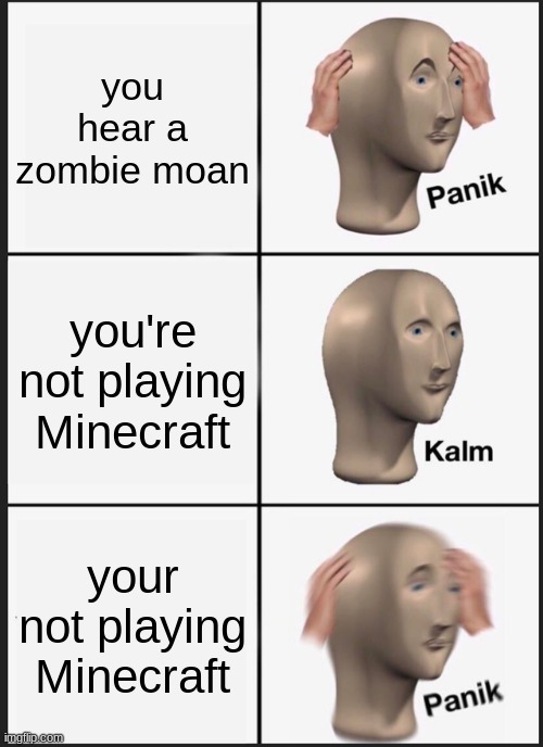 Panik Kalm Panik | you hear a zombie moan; you're not playing Minecraft; you're not playing Minecraft | image tagged in memes,panik kalm panik | made w/ Imgflip meme maker