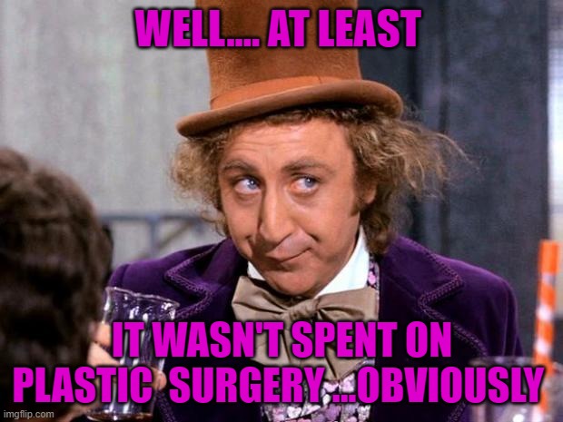 drinking wonka | WELL.... AT LEAST IT WASN'T SPENT ON PLASTIC  SURGERY ...OBVIOUSLY | image tagged in drinking wonka | made w/ Imgflip meme maker
