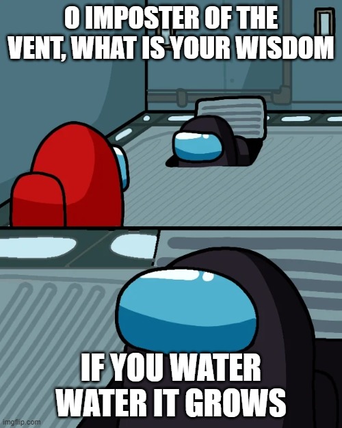 impostor of the vent | O IMPOSTER OF THE VENT, WHAT IS YOUR WISDOM; IF YOU WATER WATER IT GROWS | image tagged in impostor of the vent | made w/ Imgflip meme maker