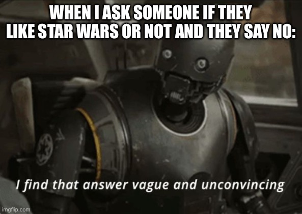 I find that answer vague and unconvincing | WHEN I ASK SOMEONE IF THEY LIKE STAR WARS OR NOT AND THEY SAY NO: | image tagged in i find that answer vague and unconvincing | made w/ Imgflip meme maker