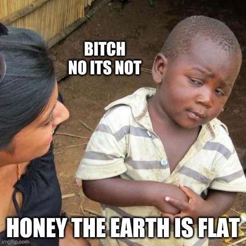 Third World Skeptical Kid | BITCH NO ITS NOT; HONEY THE EARTH IS FLAT | image tagged in memes,third world skeptical kid | made w/ Imgflip meme maker