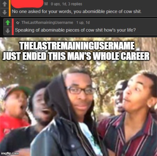 You can thank me later, TheLastRemainingUsername | THELASTREMAININGUSERNAME JUST ENDED THIS MAN'S WHOLE CAREER | image tagged in black boy roast,funny,memes,roasted,i'm about to end this man's whole career,im about to end this mans whole career | made w/ Imgflip meme maker