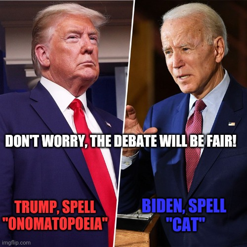 Spelling debate | DON'T WORRY, THE DEBATE WILL BE FAIR! TRUMP, SPELL
"ONOMATOPOEIA"; BIDEN, SPELL 
"CAT" | image tagged in trump biden,trump,donald trump,joe biden,biden,debate | made w/ Imgflip meme maker