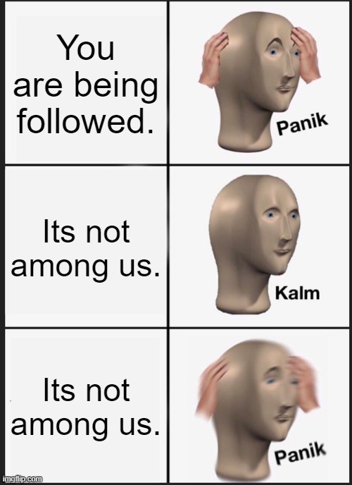 Panik Kalm Panik Meme | You are being followed. Its not among us. Its not among us. | image tagged in memes,panik kalm panik | made w/ Imgflip meme maker