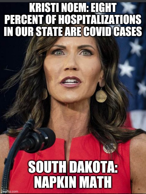 governor kristi noem | KRISTI NOEM: EIGHT PERCENT OF HOSPITALIZATIONS IN OUR STATE ARE COVID CASES; SOUTH DAKOTA: NAPKIN MATH | image tagged in politics,funny memes | made w/ Imgflip meme maker