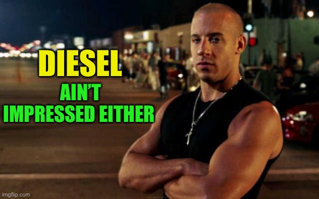 vin diesel | DIESEL AIN’T IMPRESSED EITHER | image tagged in vin diesel | made w/ Imgflip meme maker