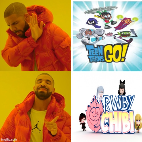 Agree with you hate Teen Titans Go | image tagged in memes,drake hotline bling,rwby,rwby chibi,rooster teeth,cartoon network | made w/ Imgflip meme maker