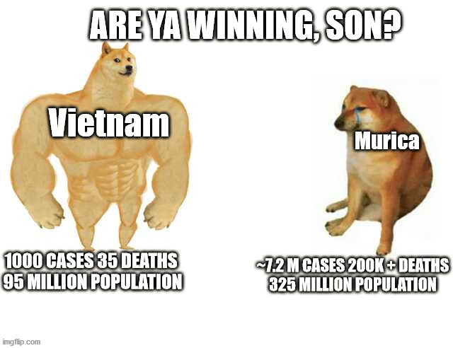 Are you Winning, murica? | image tagged in are ya winning son,buff doge vs cheems,coronavirus,corona virus | made w/ Imgflip meme maker