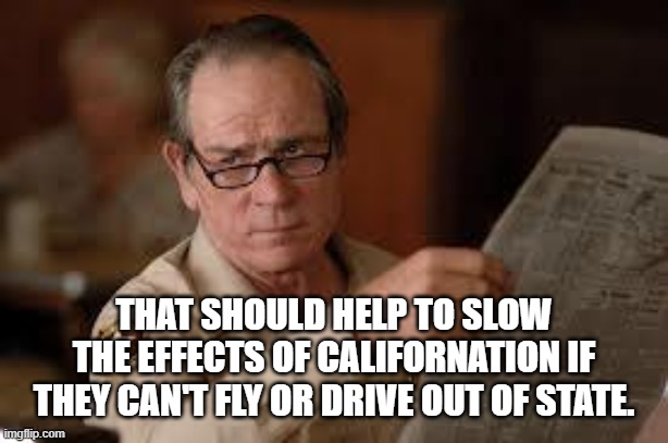 no country for old men tommy lee jones | THAT SHOULD HELP TO SLOW THE EFFECTS OF CALIFORNATION IF THEY CAN'T FLY OR DRIVE OUT OF STATE. | image tagged in no country for old men tommy lee jones | made w/ Imgflip meme maker