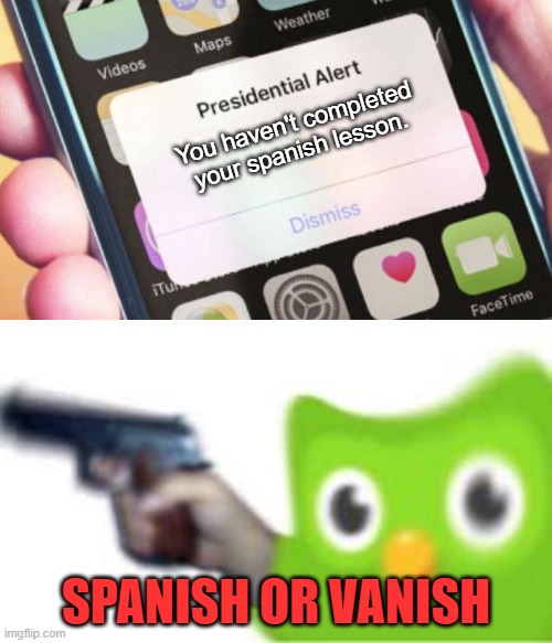 SPANISH OR VANISH | You haven't completed your spanish lesson. SPANISH OR VANISH | image tagged in memes,presidential alert | made w/ Imgflip meme maker