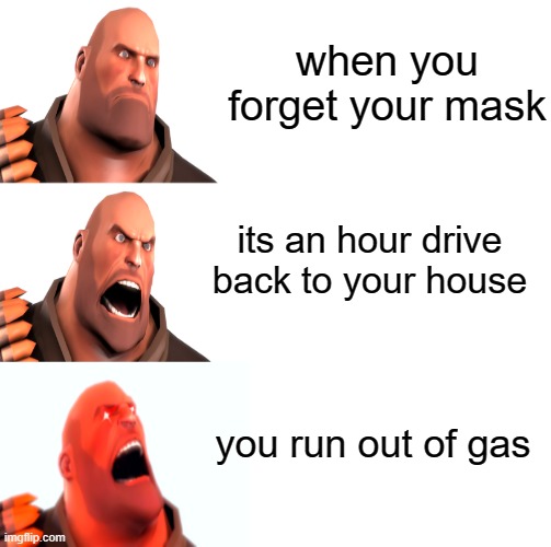 :/ | when you forget your mask; its an hour drive back to your house; you run out of gas | image tagged in fun,mask | made w/ Imgflip meme maker