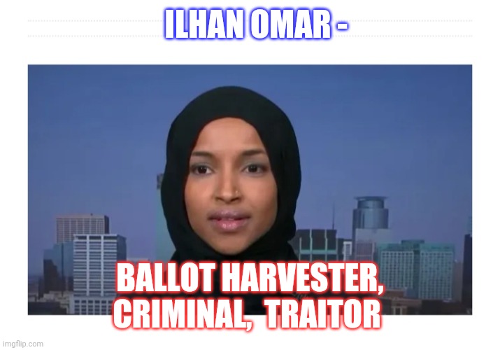 IMPEACH NOW | ILHAN OMAR -; BALLOT HARVESTER, CRIMINAL,  TRAITOR | image tagged in democrat,scumbag,democrats,losers | made w/ Imgflip meme maker