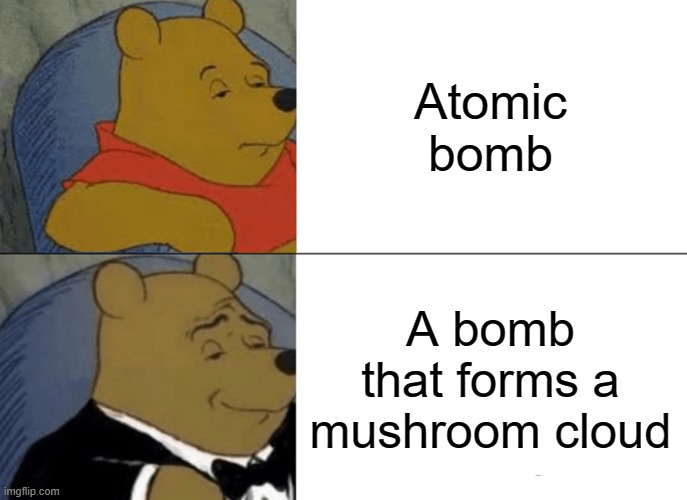 Bombs | Atomic bomb; A bomb that forms a mushroom cloud | image tagged in memes,tuxedo winnie the pooh | made w/ Imgflip meme maker