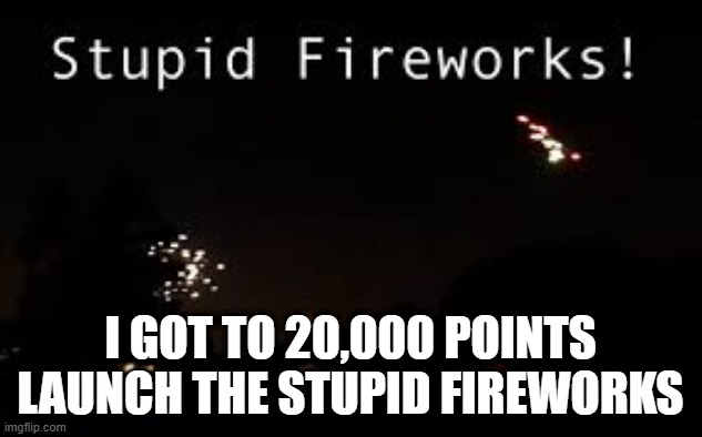 Stupid fireworks | I GOT TO 20,000 POINTS LAUNCH THE STUPID FIREWORKS | image tagged in stupid fire works | made w/ Imgflip meme maker