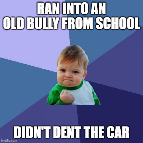 Old friends | RAN INTO AN OLD BULLY FROM SCHOOL; DIDN'T DENT THE CAR | image tagged in memes,success kid | made w/ Imgflip meme maker