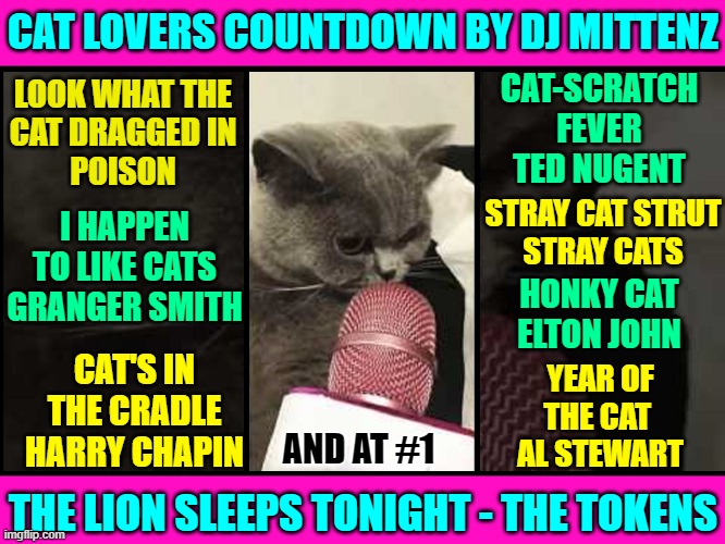 Top 7 Cat Songs ALL-TIME | CAT LOVERS COUNTDOWN BY DJ MITTENZ; LOOK WHAT THE
CAT DRAGGED IN
POISON; CAT-SCRATCH
FEVER
TED NUGENT; STRAY CAT STRUT
STRAY CATS; I HAPPEN
TO LIKE CATS
GRANGER SMITH; HONKY CAT
ELTON JOHN; CAT'S IN THE CRADLE
HARRY CHAPIN; YEAR OF THE CAT 
AL STEWART; AND AT #1; THE LION SLEEPS TONIGHT - THE TOKENS | image tagged in vince vance,cats,cat stevens,stray cats,crazy cat lady,cat memes | made w/ Imgflip meme maker