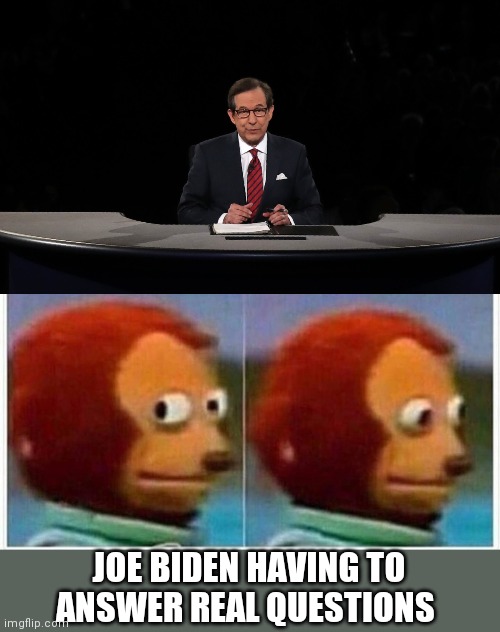 JOE BIDEN HAVING TO ANSWER REAL QUESTIONS | image tagged in memes,monkey puppet,chris wallace | made w/ Imgflip meme maker