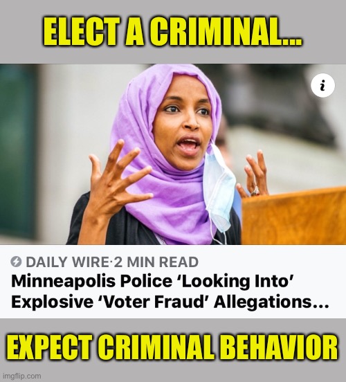 Ilhan Omar | ELECT A CRIMINAL... EXPECT CRIMINAL BEHAVIOR | image tagged in ilhan omar,voter fraud,immigration fraud,illicit marriage | made w/ Imgflip meme maker
