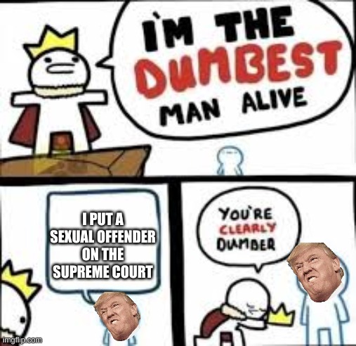 trump is bad | I PUT A SEXUAL OFFENDER ON THE SUPREME COURT | image tagged in im the dumbest man alive | made w/ Imgflip meme maker