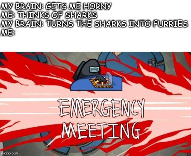 emergency meeting among us(black crew mate) | MY BRAIN: GETS ME HORNY
ME: THINKS OF SHARKS
MY BRAIN: TURNS THE SHARKS INTO FURRIES
ME: | image tagged in emergency meeting among us black crew mate,memes,dank memes,furries,among us | made w/ Imgflip meme maker