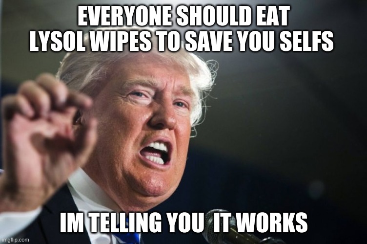 donald trump | EVERYONE SHOULD EAT LYSOL WIPES TO SAVE YOU SELFS; IM TELLING YOU  IT WORKS | image tagged in donald trump | made w/ Imgflip meme maker