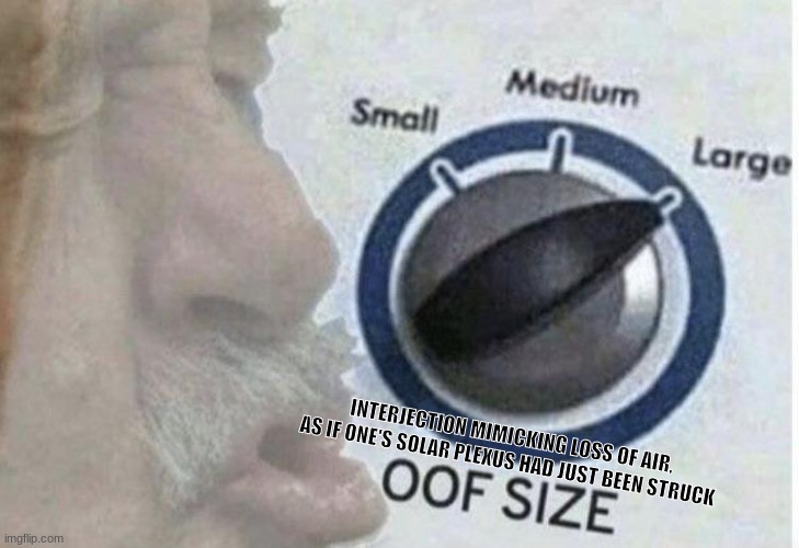 Oof size large | INTERJECTION MIMICKING LOSS OF AIR, AS IF ONE'S SOLAR PLEXUS HAD JUST BEEN STRUCK | image tagged in oof size large | made w/ Imgflip meme maker