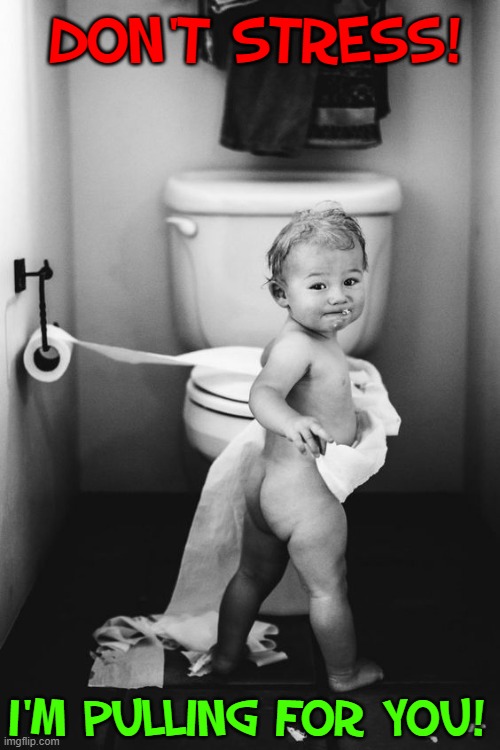 Wasting Toilet Paper is Okay -actually good for your mental health | DON'T STRESS! I'M PULLING FOR YOU! | image tagged in vince vance,cute baby,toilet paper,stress,stressed out,memes | made w/ Imgflip meme maker