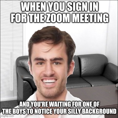 Silly Zoom Meetings | WHEN YOU SIGN IN FOR THE ZOOM MEETING; IMJUSTAMEMEANDLIFEISANIGHTMARE; AND YOU'RE WAITING FOR ONE OF THE BOYS TO NOTICE YOUR SILLY BACKGROUND | image tagged in zoom,middle class,silly | made w/ Imgflip meme maker
