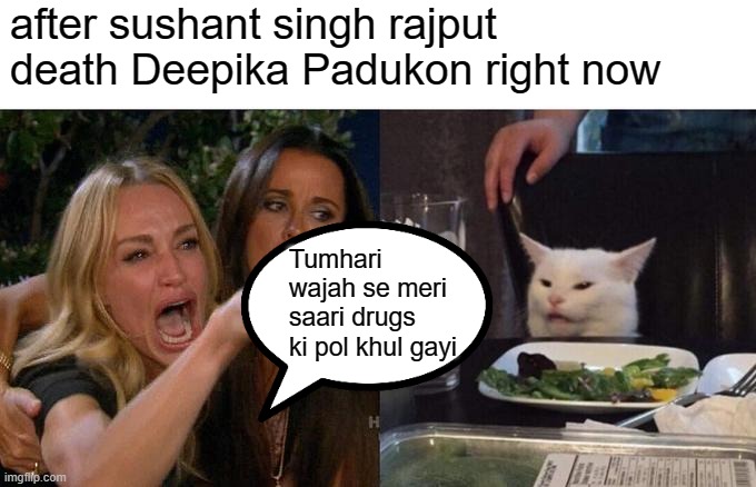 memes | after sushant singh rajput death Deepika Padukon right now; Tumhari wajah se meri saari drugs ki pol khul gayi | image tagged in memes,woman yelling at cat | made w/ Imgflip meme maker