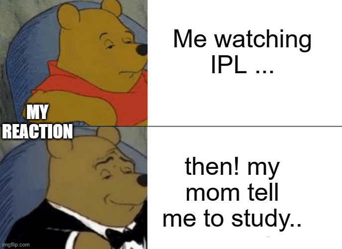 memes | Me watching IPL ... MY REACTION; then! my mom tell me to study.. | image tagged in memes,tuxedo winnie the pooh | made w/ Imgflip meme maker