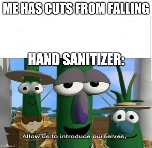 Allow us to introduce ourselves | ME HAS CUTS FROM FALLING; HAND SANITIZER: | image tagged in allow us to introduce ourselves | made w/ Imgflip meme maker