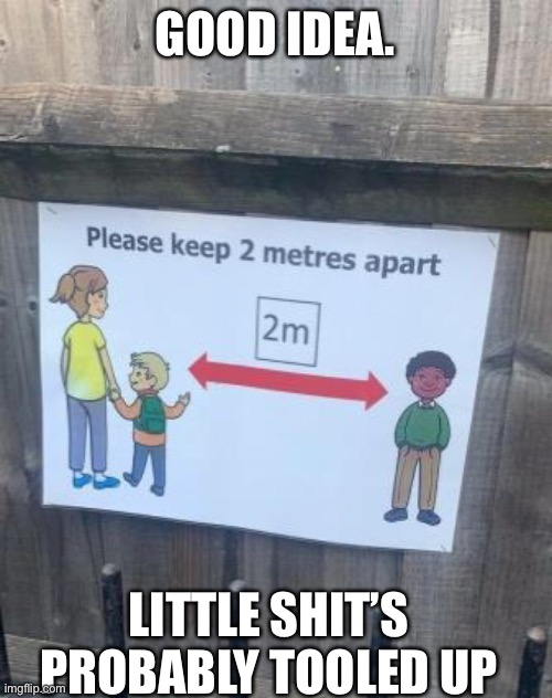 GOOD IDEA. LITTLE SHIT’S PROBABLY TOOLED UP | image tagged in social distancing,racist,black,school | made w/ Imgflip meme maker