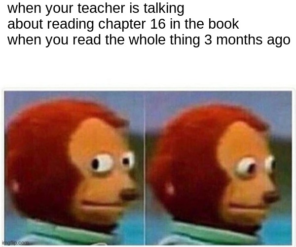 me every single school book i have ever read | when your teacher is talking about reading chapter 16 in the book when you read the whole thing 3 months ago | image tagged in memes,monkey puppet,read 100 | made w/ Imgflip meme maker