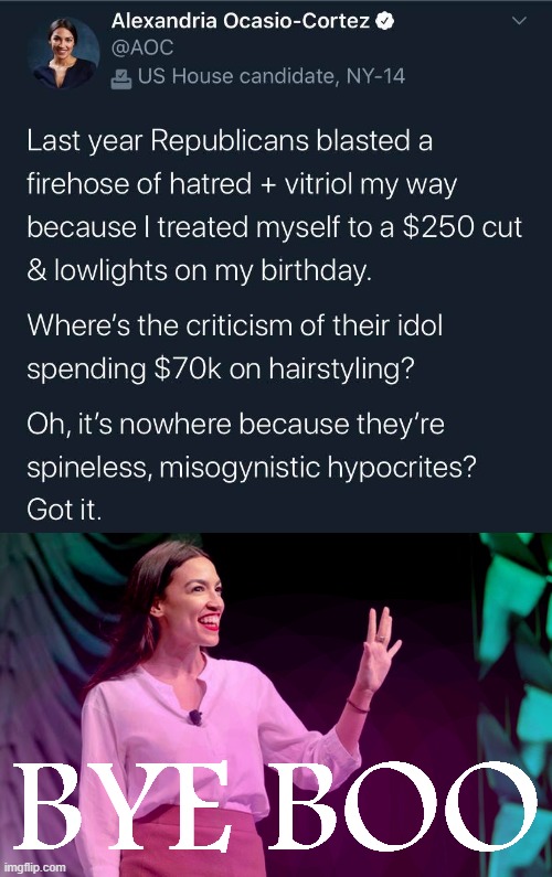 gottem | BYE BOO | image tagged in aoc wave,aoc haircut,sexism,sexist,conservative hypocrisy,aoc | made w/ Imgflip meme maker