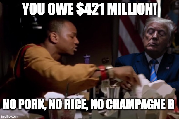 trump | YOU OWE $421 MILLION! NO PORK, NO RICE, NO CHAMPAGNE B | image tagged in president trump | made w/ Imgflip meme maker