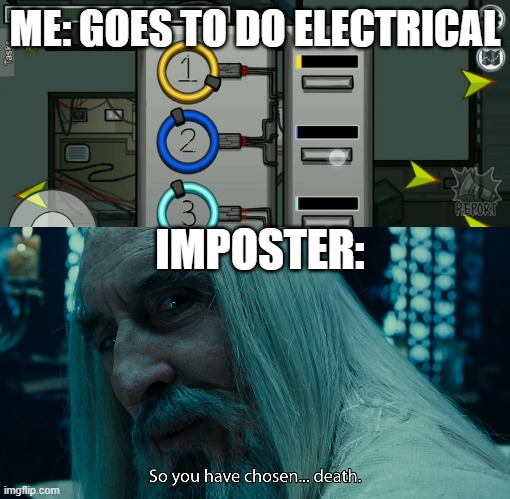 So...you have chosen death | ME: GOES TO DO ELECTRICAL; IMPOSTER: | image tagged in gaming,among us,funny | made w/ Imgflip meme maker